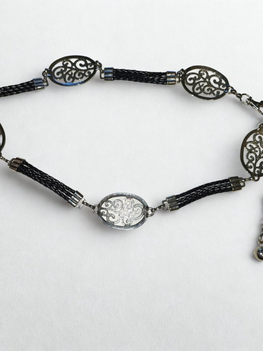 Women's Black Braided Chain Silver Filigree Medallion Boho Adjustable Belt, 31-3 - Picture 2 of 4